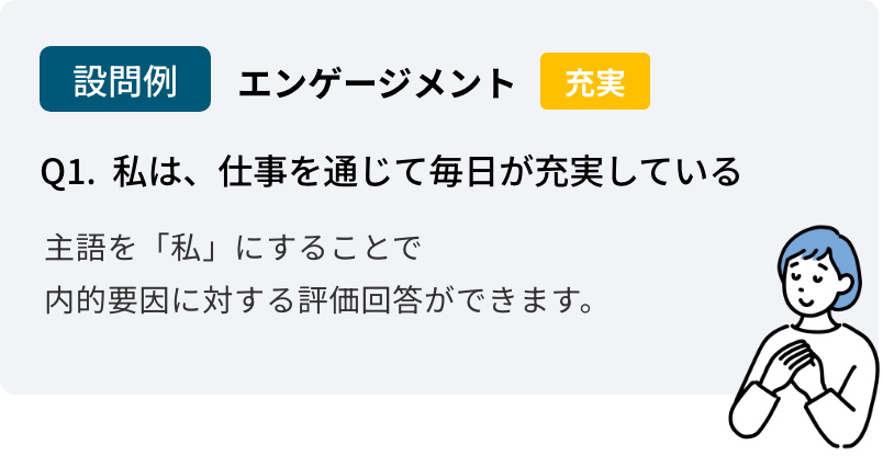 設問例 エンゲージメント 充実 Q1.私は、仕事を通じて充実している 主語を「私」にすることで内的要因に対する評価回答ができます。